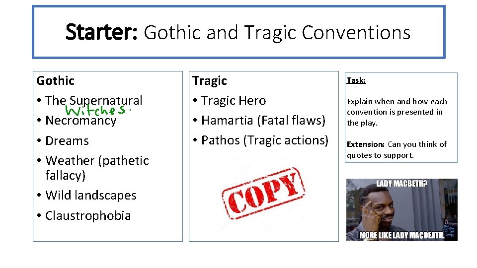 Starter: Gothic and Tragic Conventions Gothic • The Supernatural • Necromancy • Dreams •