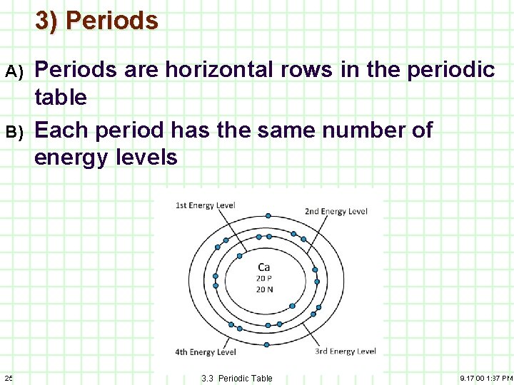 3) Periods A) B) 25 Periods are horizontal rows in the periodic table Each