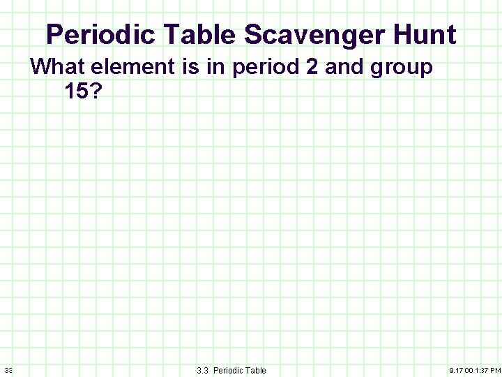 Periodic Table Scavenger Hunt What element is in period 2 and group 15? 33