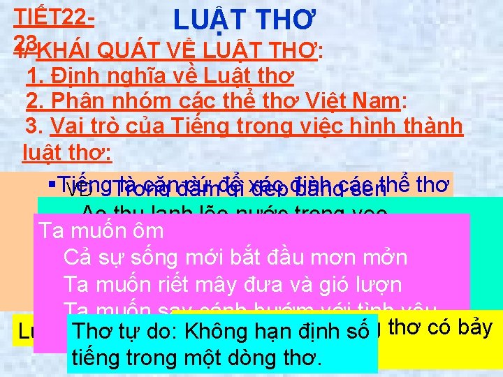 TIẾT 22 LUẬT THƠ 23 I/ KHÁI QUÁT VỀ LUẬT THƠ: 1. Định nghĩa