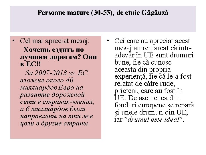 Persoane mature (30 -55), de etnie Găgăuză • Cel mai apreciat mesaj: Хочешь ездить