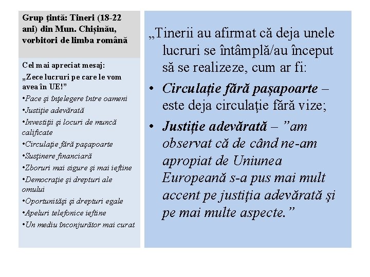 Grup ţintă: Tineri (18 -22 ani) din Mun. Chișinău, vorbitori de limba română Cel Grup ţintă: Tineri (18 -22 ani) din Mun. Chișinău, vorbitori de limba română Cel