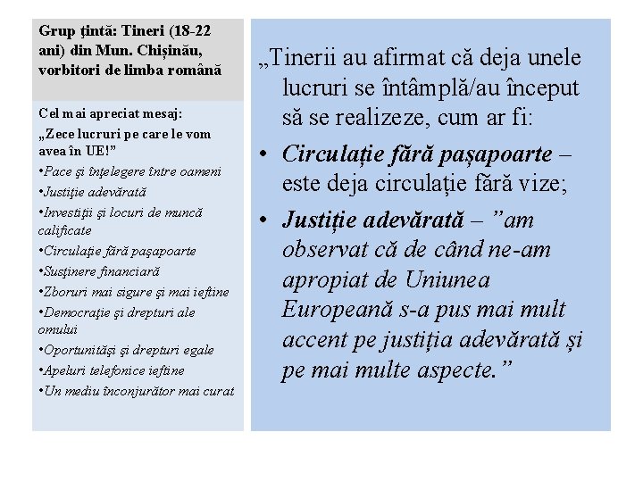 Grup ţintă: Tineri (18 -22 ani) din Mun. Chișinău, vorbitori de limba română Cel