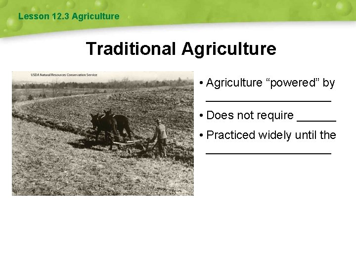 Lesson 12. 3 Agriculture Traditional Agriculture • Agriculture “powered” by __________ • Does not