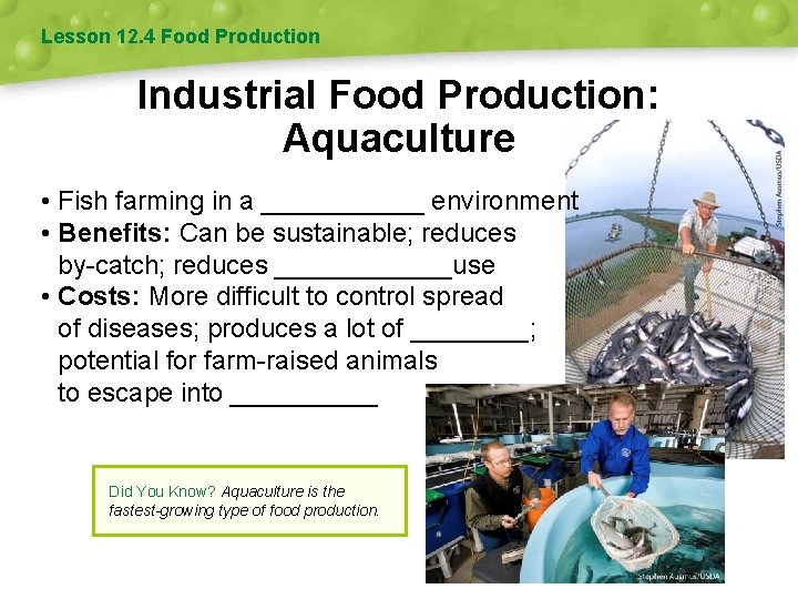 Lesson 12. 4 Food Production Industrial Food Production: Aquaculture • Fish farming in a