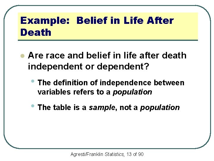 Example: Belief in Life After Death l Are race and belief in life after