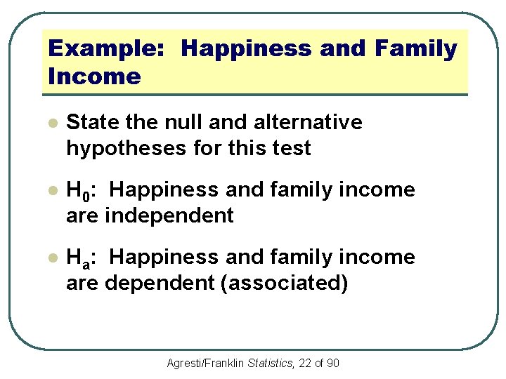 Example: Happiness and Family Income l State the null and alternative hypotheses for this