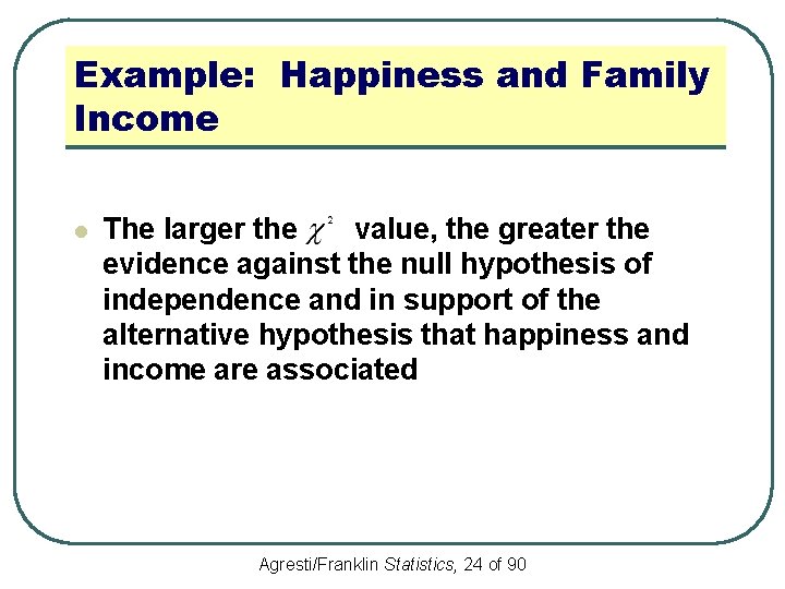 Example: Happiness and Family Income l The larger the value, the greater the evidence