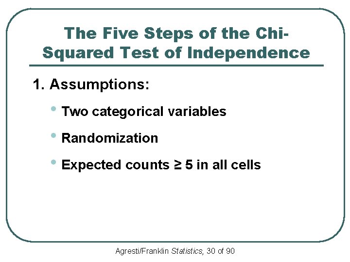 The Five Steps of the Chi. Squared Test of Independence 1. Assumptions: • Two