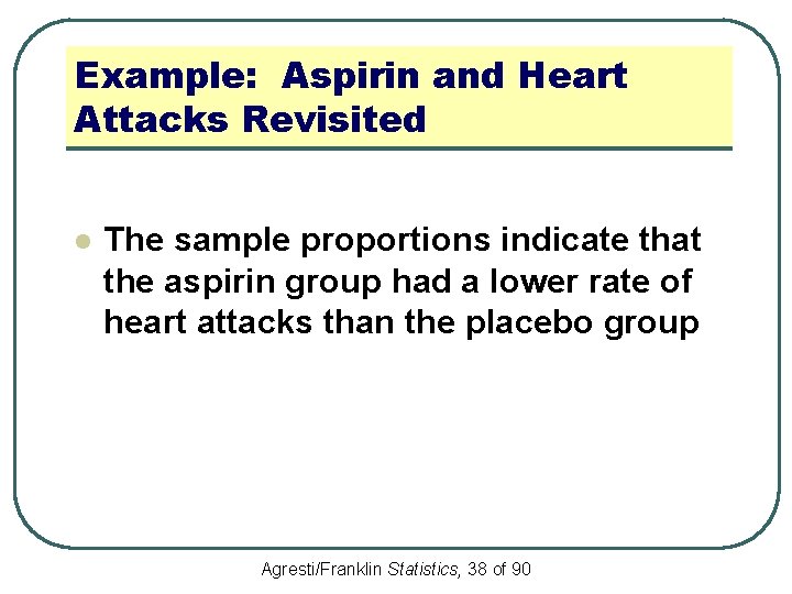 Example: Aspirin and Heart Attacks Revisited l The sample proportions indicate that the aspirin