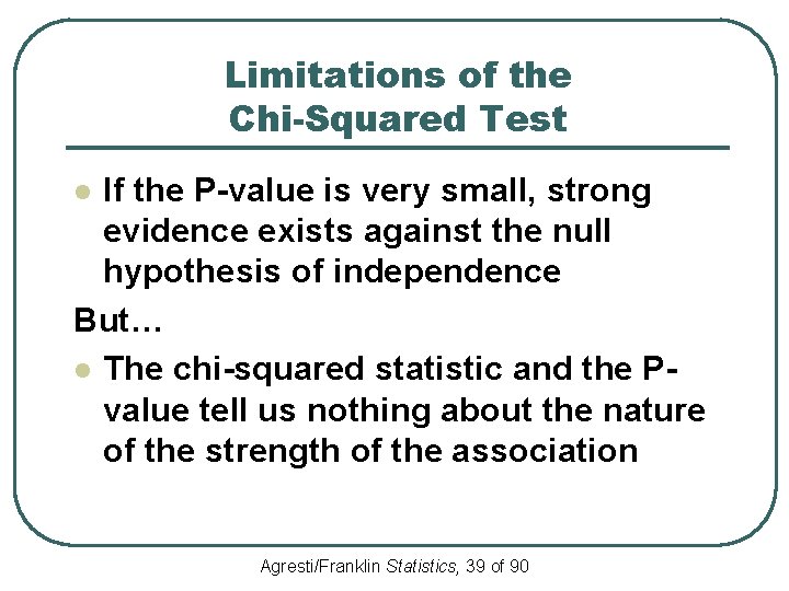 Limitations of the Chi-Squared Test If the P-value is very small, strong evidence exists