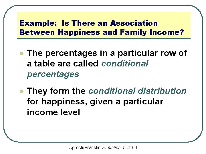 Example: Is There an Association Between Happiness and Family Income? l The percentages in
