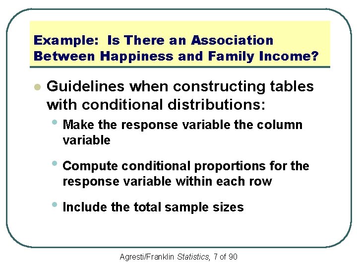 Example: Is There an Association Between Happiness and Family Income? l Guidelines when constructing