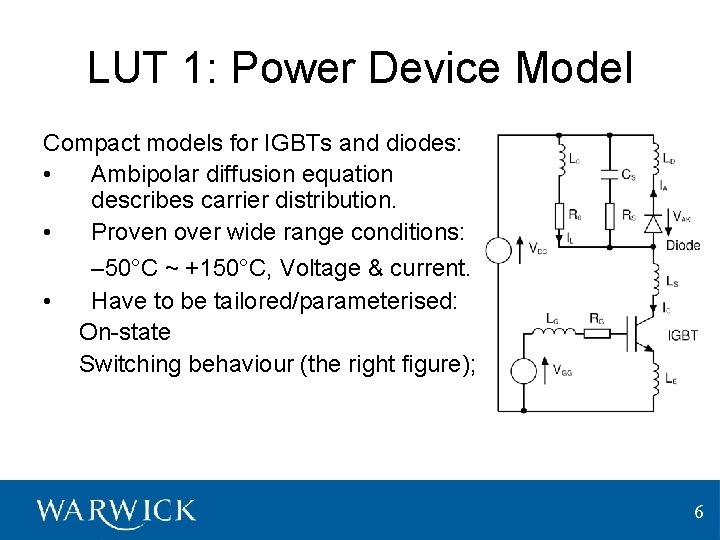 LUT 1: Power Device Model Compact models for IGBTs and diodes: • Ambipolar diffusion