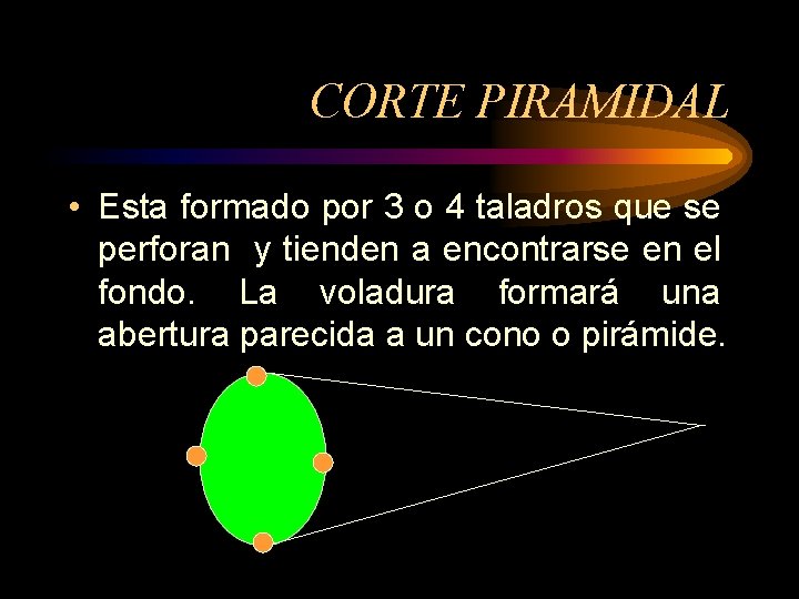 CORTE PIRAMIDAL • Esta formado por 3 o 4 taladros que se perforan y