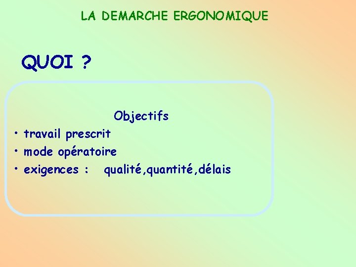 LA DEMARCHE ERGONOMIQUE QUOI ? Objectifs • travail prescrit • mode opératoire • exigences
