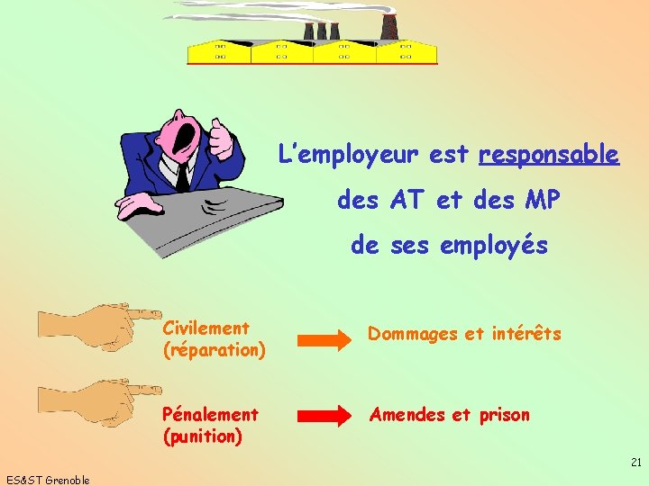 L’employeur est responsable des AT et des MP de ses employés Civilement (réparation) Dommages