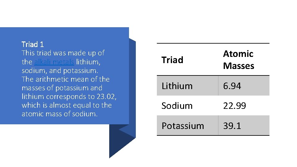 Triad 1 This triad was made up of the alkali metals lithium, sodium, and