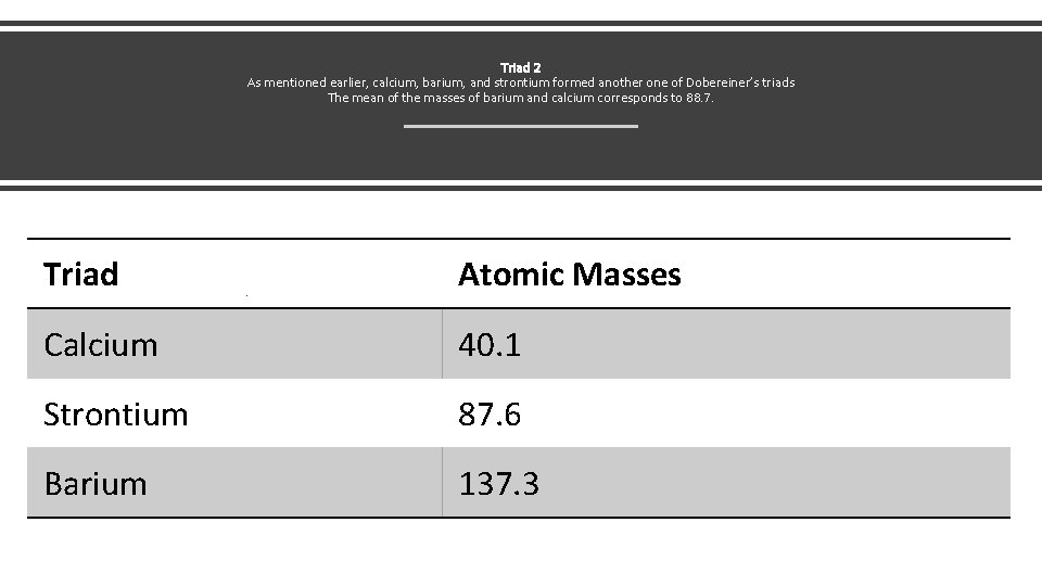 Triad 2 As mentioned earlier, calcium, barium, and strontium formed another one of Dobereiner’s