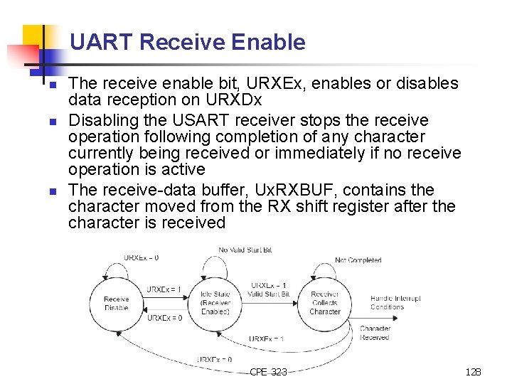 UART Receive Enable n n n The receive enable bit, URXEx, enables or disables