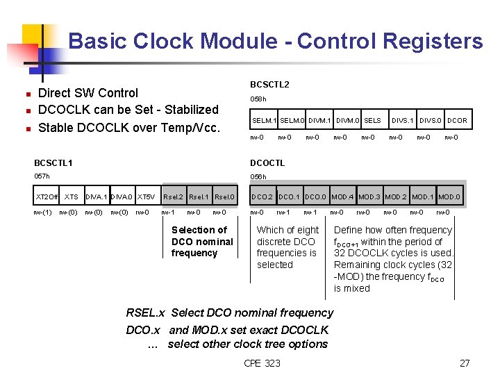 Basic Clock Module - Control Registers n n n Direct SW Control DCOCLK can