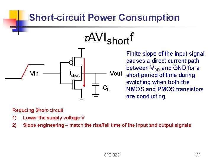 Short-circuit Power Consumption Vin Ishort Finite slope of the input signal causes a direct