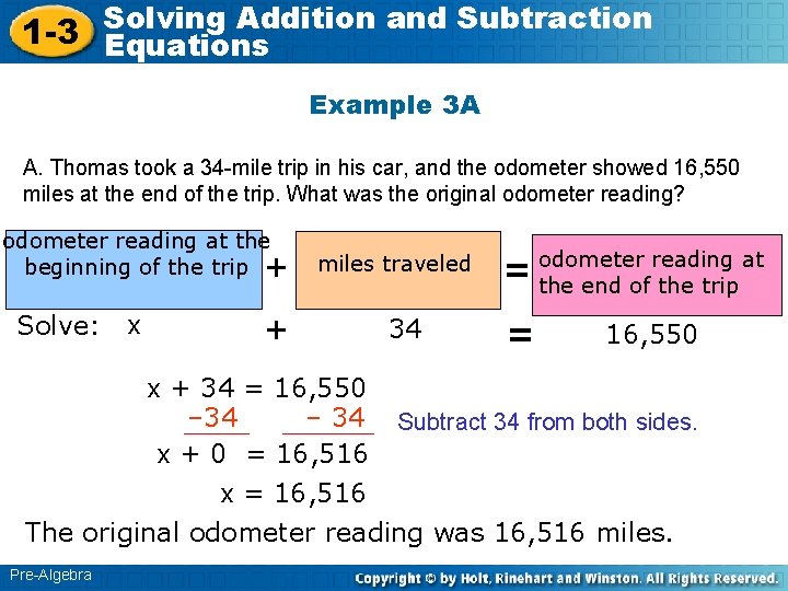 Solving Addition and Subtraction 1 -3 Equations Example 3 A A. Thomas took a Solving Addition and Subtraction 1 -3 Equations Example 3 A A. Thomas took a