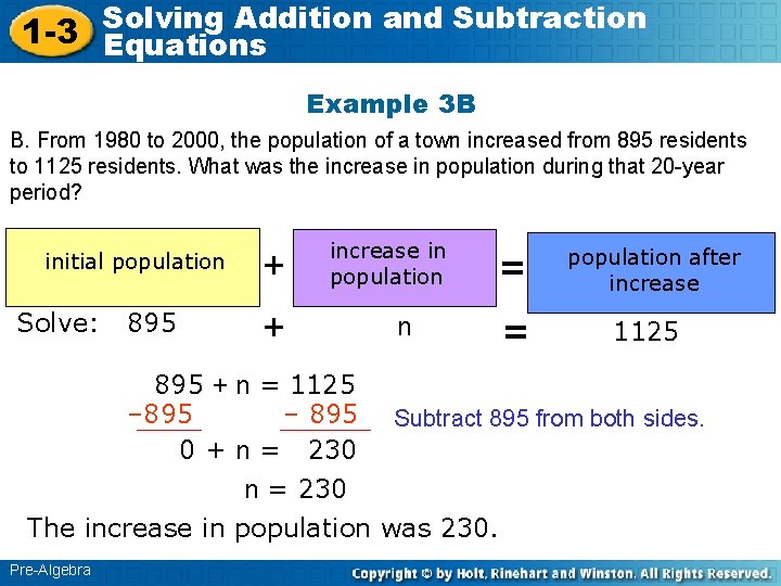 Solving Addition and Subtraction 1 -3 Equations Example 3 B B. From 1980 to