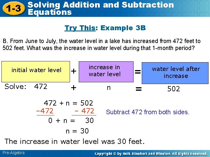 Solving Addition and Subtraction 1 -3 Equations Try This: Example 3 B B. From
