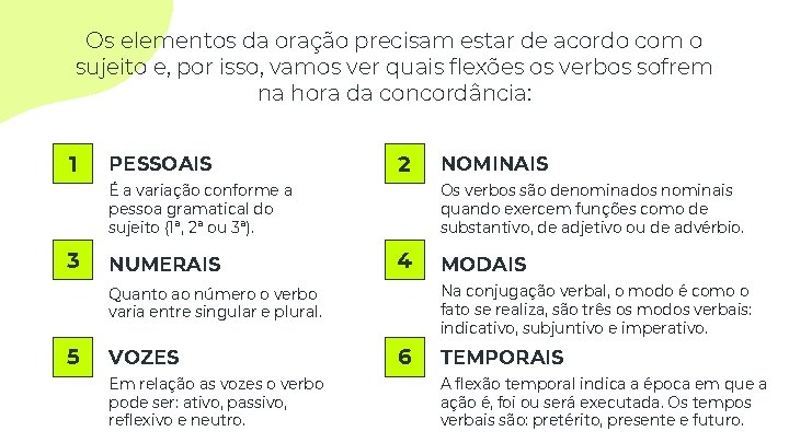 Os elementos da oração precisam estar de acordo com o sujeito e, por isso,