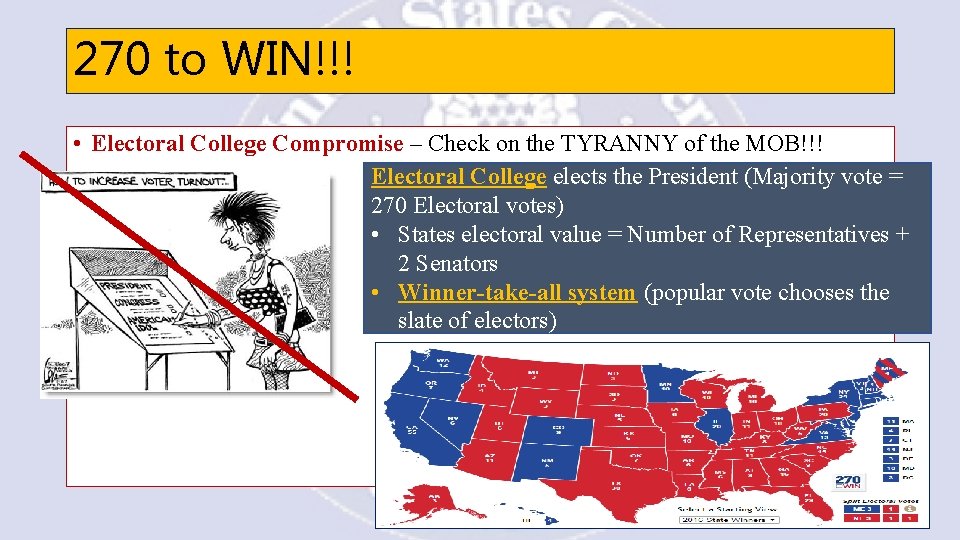 270 to WIN!!! • Electoral College Compromise – Check on the TYRANNY of the