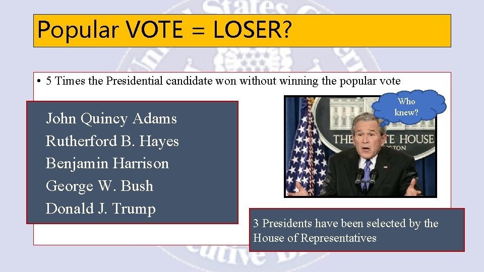 Popular VOTE = LOSER? • 5 Times the Presidential candidate won without winning the