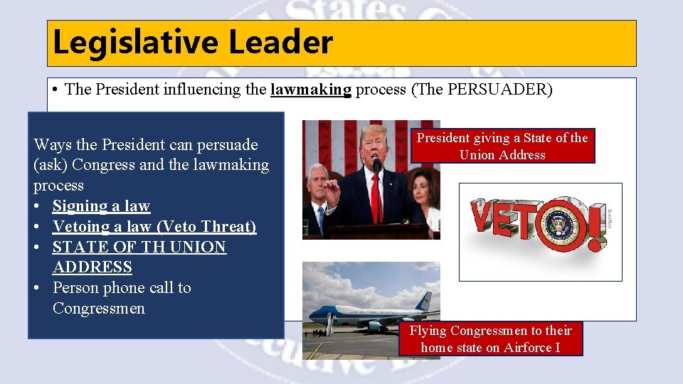 Legislative Leader • The President influencing the lawmaking process (The PERSUADER) Ways the President