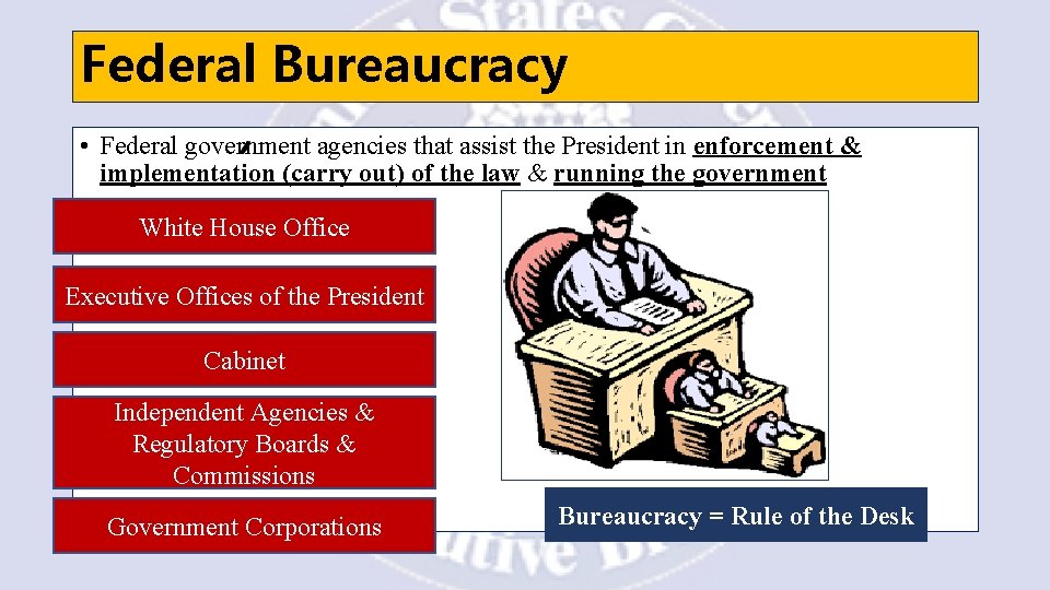Federal Bureaucracy • Federal government agencies that assist the President in enforcement & implementation
