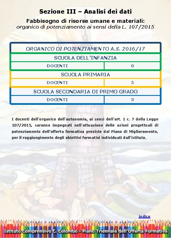 Sezione III – Analisi dei dati Fabbisogno di risorse umane e materiali: organico di