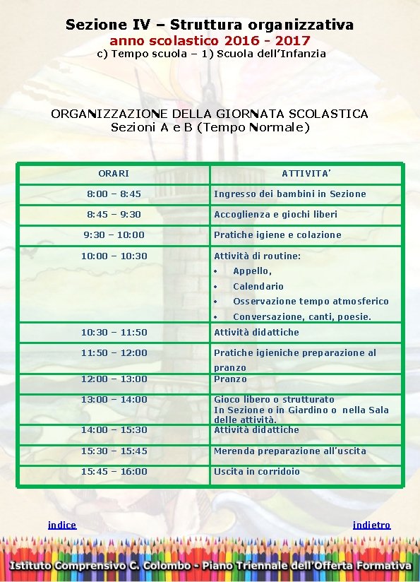 Sezione IV – Struttura organizzativa anno scolastico 2016 - 2017 c) Tempo scuola –