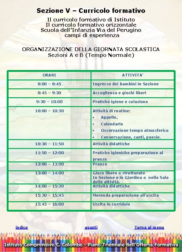 Sezione V – Curricolo formativo Il curricolo formativo di Istituto Il curricolo formativo orizzontale