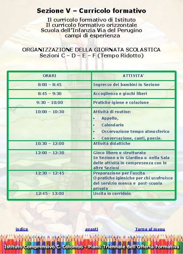 Sezione V – Curricolo formativo Il curricolo formativo di Istituto Il curricolo formativo orizzontale