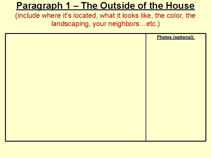 Paragraph 1 – The Outside of the House (include where it’s located, what it