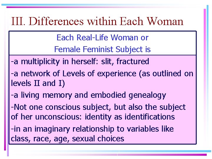 III. Differences within Each Woman Each Real-Life Woman or Female Feminist Subject is -a
