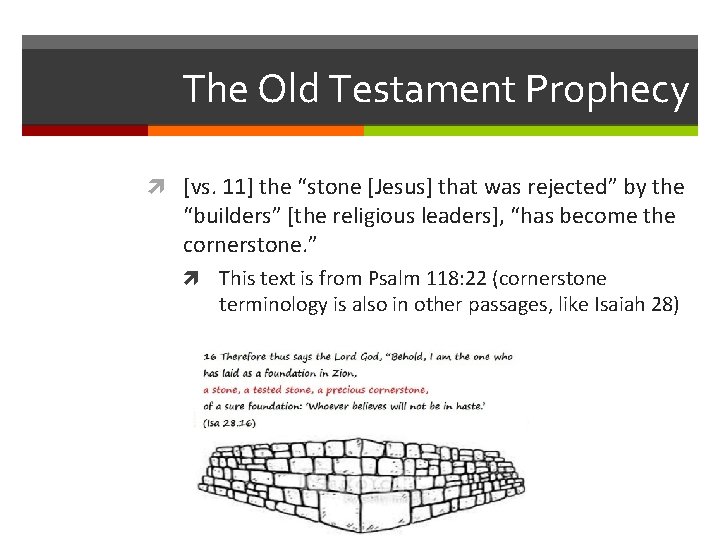 The Old Testament Prophecy [vs. 11] the “stone [Jesus] that was rejected” by the