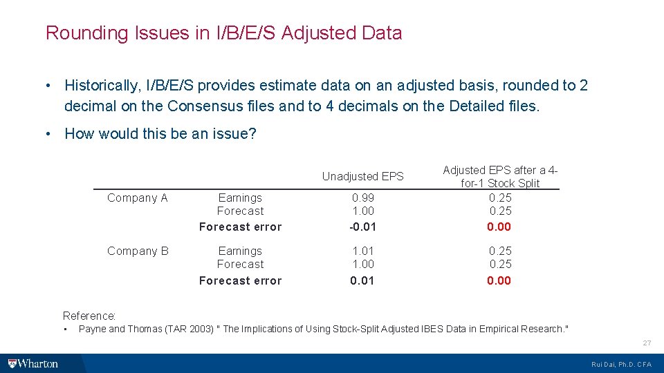 Rounding Issues in I/B/E/S Adjusted Data • Historically, I/B/E/S provides estimate data on an