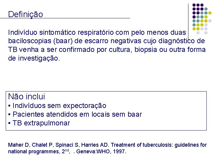 Definição Indivíduo sintomático respiratório com pelo menos duas baciloscopias (baar) de escarro negativas cujo