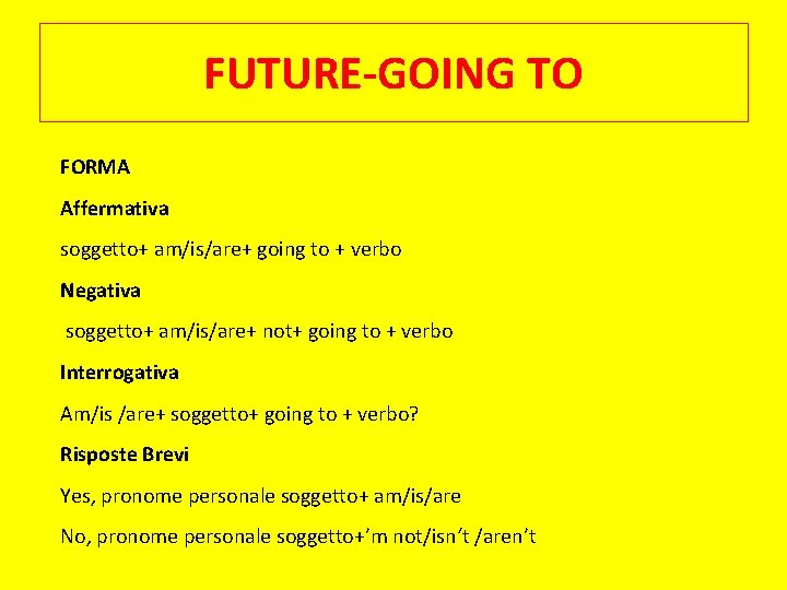 FUTURE-GOING TO FORMA Affermativa soggetto+ am/is/are+ going to + verbo Negativa soggetto+ am/is/are+ not+