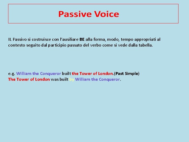 IL Passivo si costruisce con l’ausiliare BE alla forma, modo, tempo appropriati al contesto