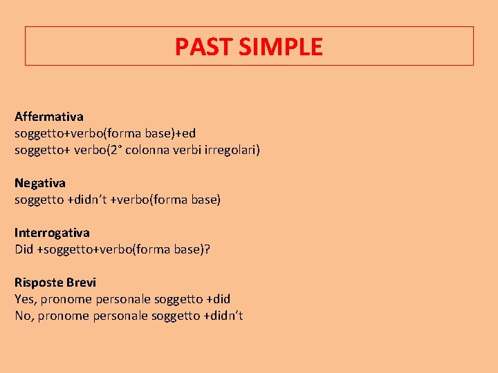 PAST SIMPLE Affermativa soggetto+verbo(forma base)+ed soggetto+ verbo(2° colonna verbi irregolari) Negativa soggetto +didn’t +verbo(forma