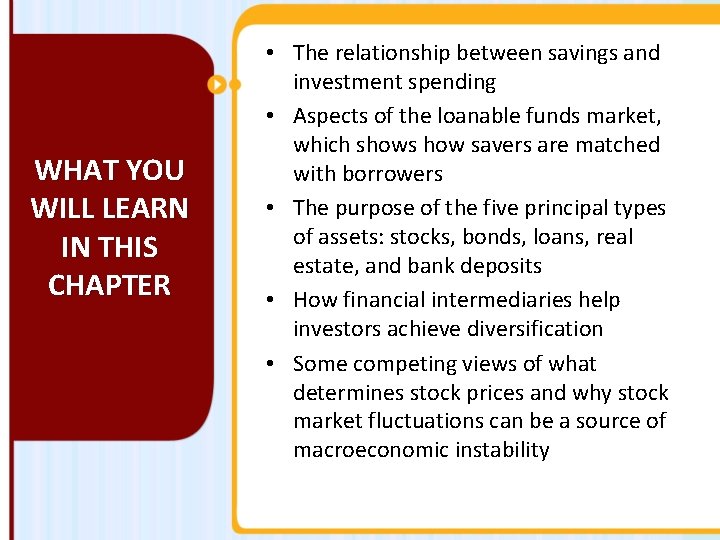 WHAT YOU WILL LEARN IN THIS CHAPTER • The relationship between savings and investment