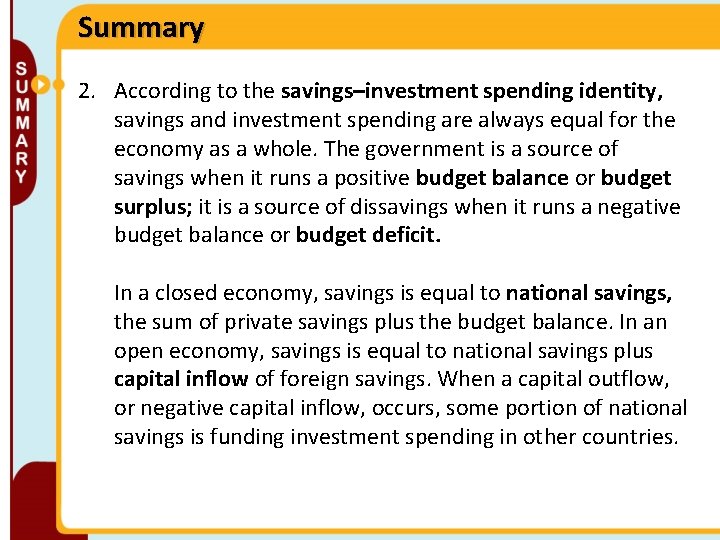 Summary 2. According to the savings–investment spending identity, savings and investment spending are always