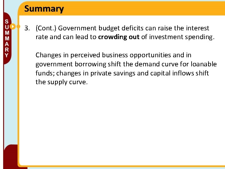 Summary 3. (Cont. ) Government budget deficits can raise the interest rate and can