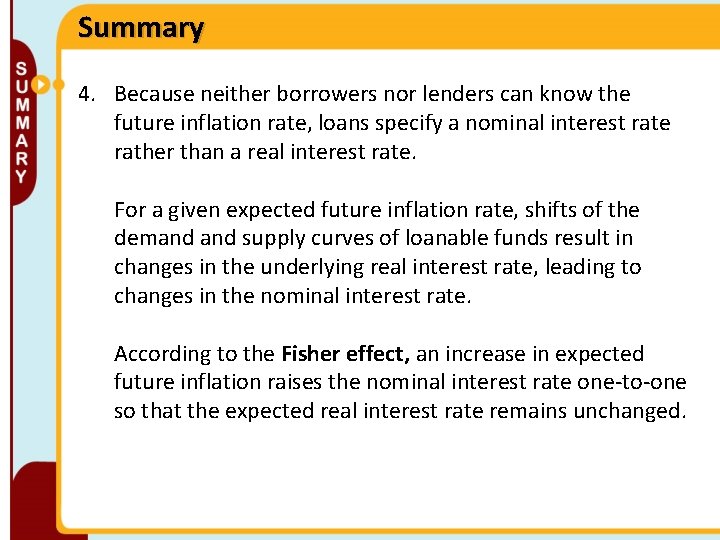 Summary 4. Because neither borrowers nor lenders can know the future inflation rate, loans